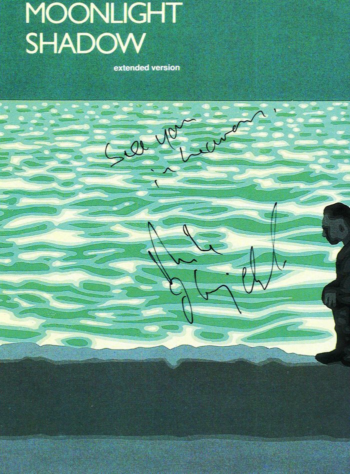 Moonlight Shadow Maxi firmado por Mike Oldfield en la presentación de Tr3s Lunas, Valencia 2002